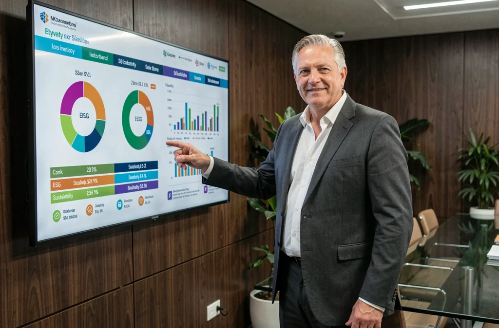 Conseiller financier présentant des données de placements ESG et d'investissement durable en salle de réunion