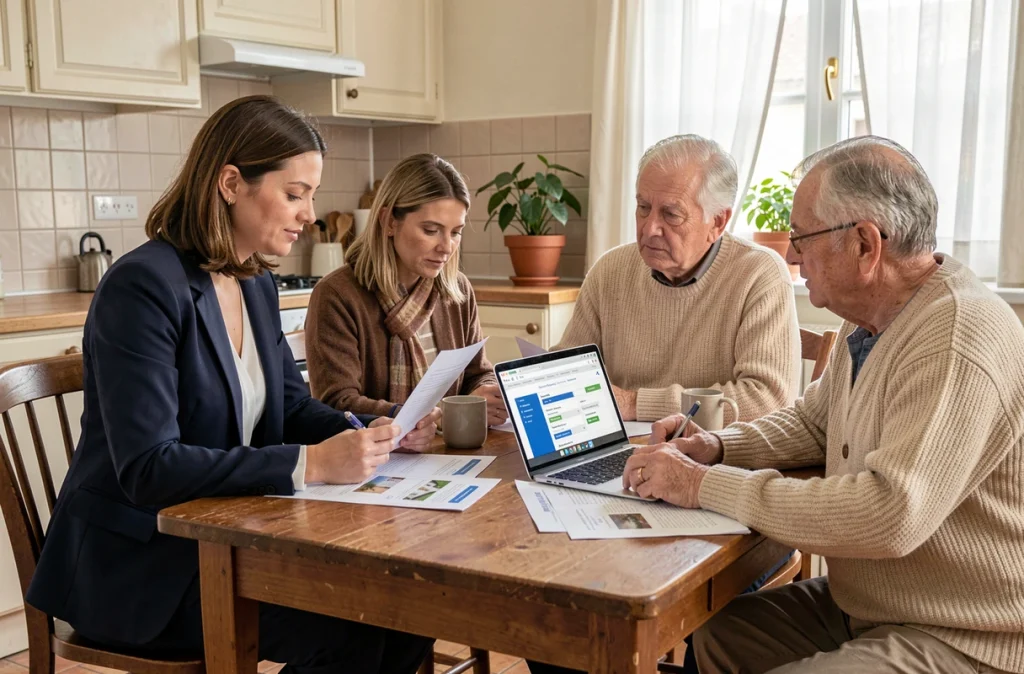 Conseillère en rénovation énergétique présentant les aides financières disponibles à un couple de propriétaires