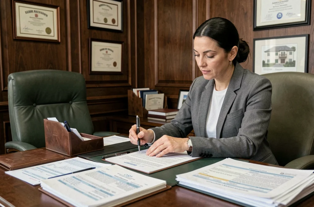Propriétaire discutant de la fiscalité immobilière avec un notaire dans un bureau professionnel