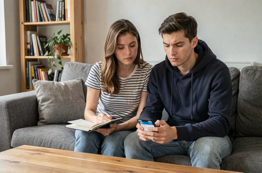 Un jeune couple consulte une application bancaire et un carnet de budget dans leur salon, symbolisant les arbitrages financiers imposés par l'inflation aux ménages français