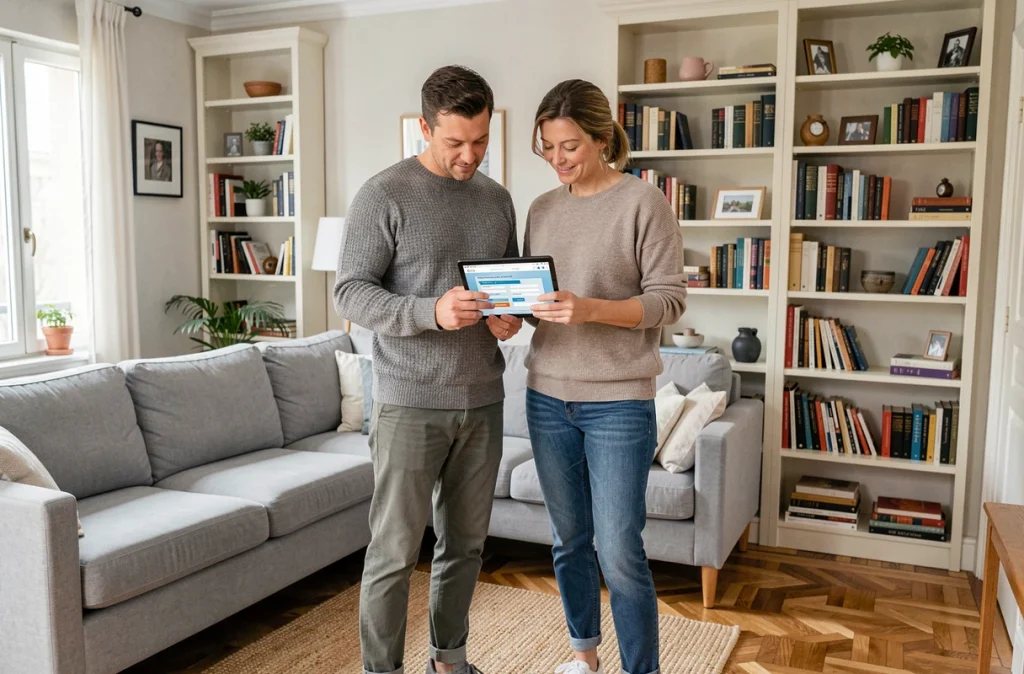Couple comparant des offres d'assurance habitation sur une tablette dans leur salon