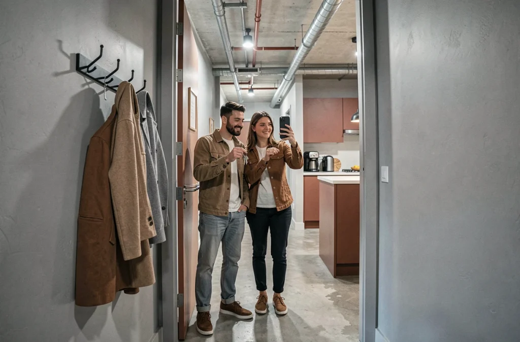 Couple emménageant dans un appartement urbain compact et découvrant leur nouveau logement