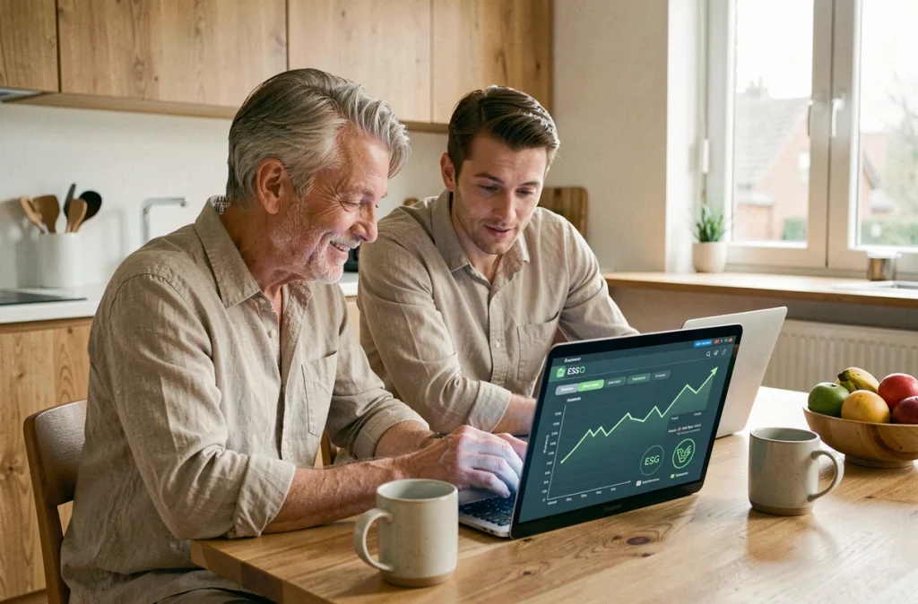 Couple de particuliers consultant un portefeuille d'investissement responsable et durable à domicile