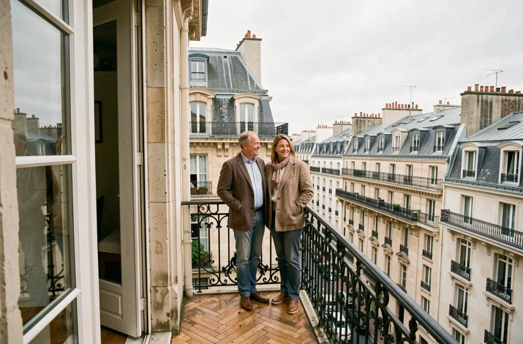 Couple d'investisseurs sur le balcon d'un appartement haussmannien rénové avec panorama sur les toits parisiens