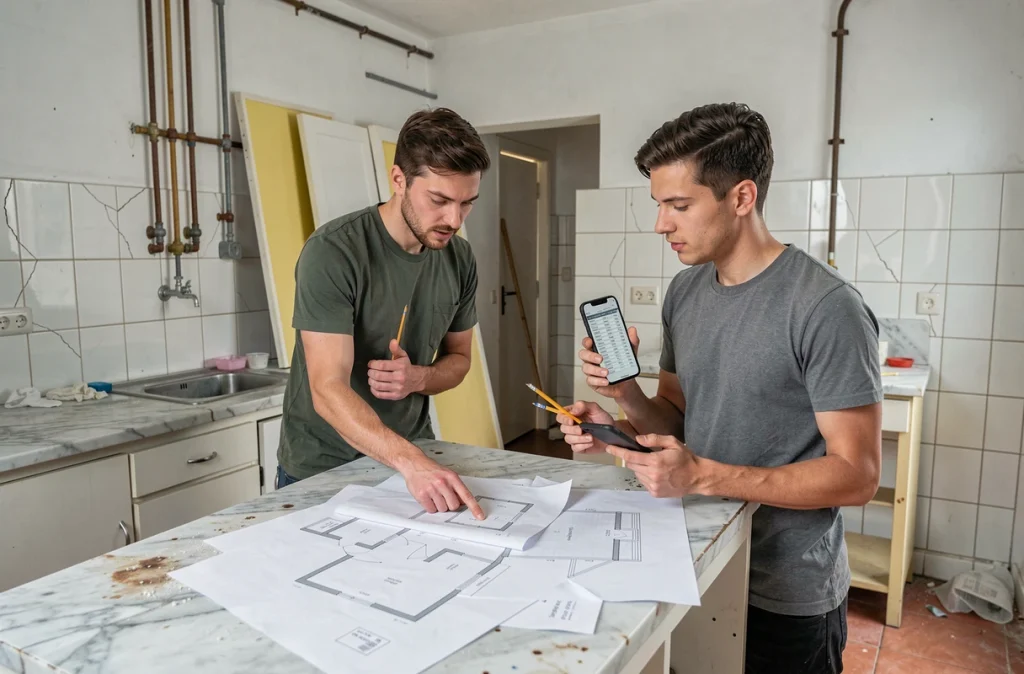 Couple consultant des plans de rénovation dans une cuisine ancienne partiellement rénovée avec contraintes de budget