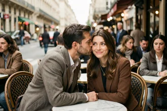 Couple partageant un moment complice et secret à la terrasse d'un café parisien animé, regards complices entourés de passants indifférents