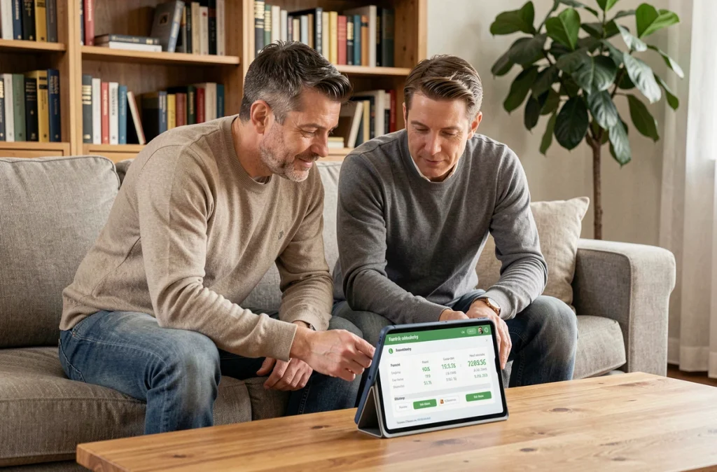 Couple consultant ensemble une application de budget familial sur une tablette dans leur salon