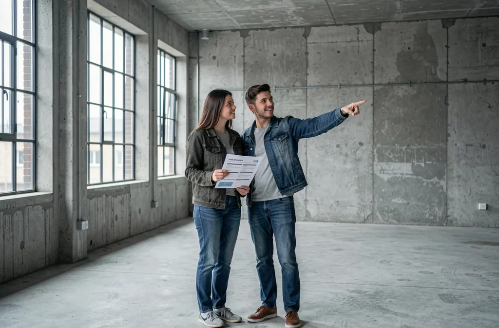 Jeune couple visitant un appartement vide lors d'une première acquisition immobilière
