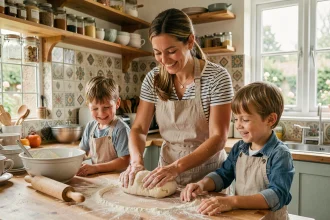 Mère et deux enfants pétrir de la pâte ensemble dans une cuisine familiale chaleureuse et rustique
