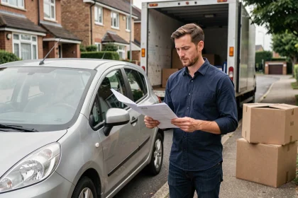 Homme tenant des documents administratifs pour son véhicule lors d'un déménagement devant un camion de déménagement