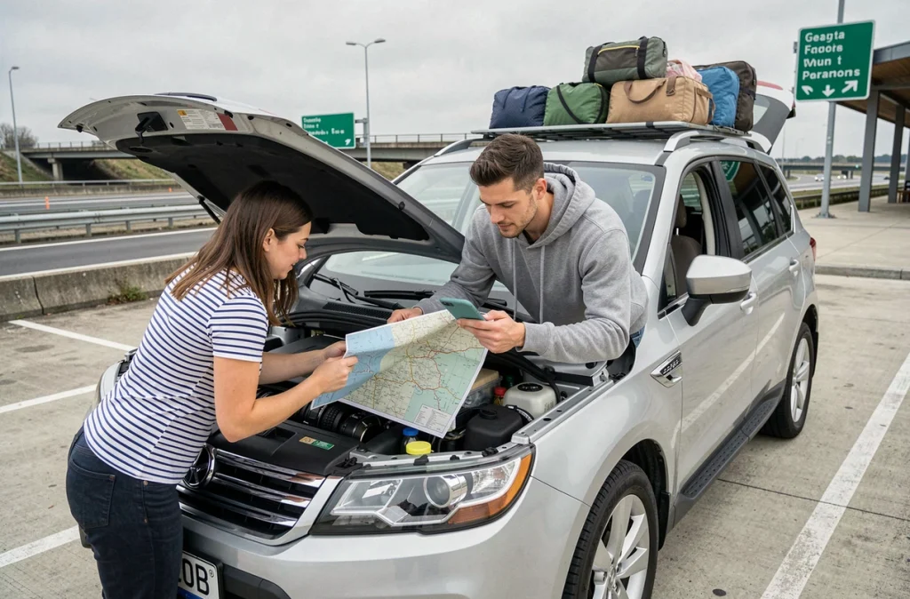 Couple vérifiant l'itinéraire et les documents lors d'un déménagement en voiture à une aire d'autoroute en France