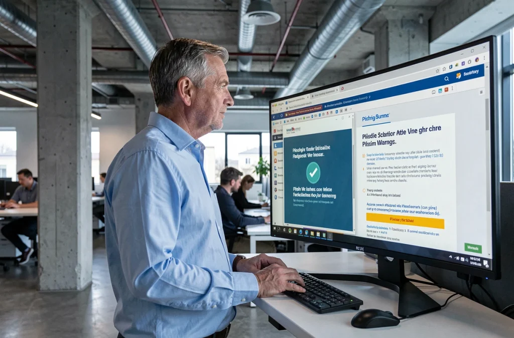 Homme en open space comparant un vrai site web et un faux site de phishing sur son écran d'ordinateur, illustrant la vigilance contre les arnaques en ligne