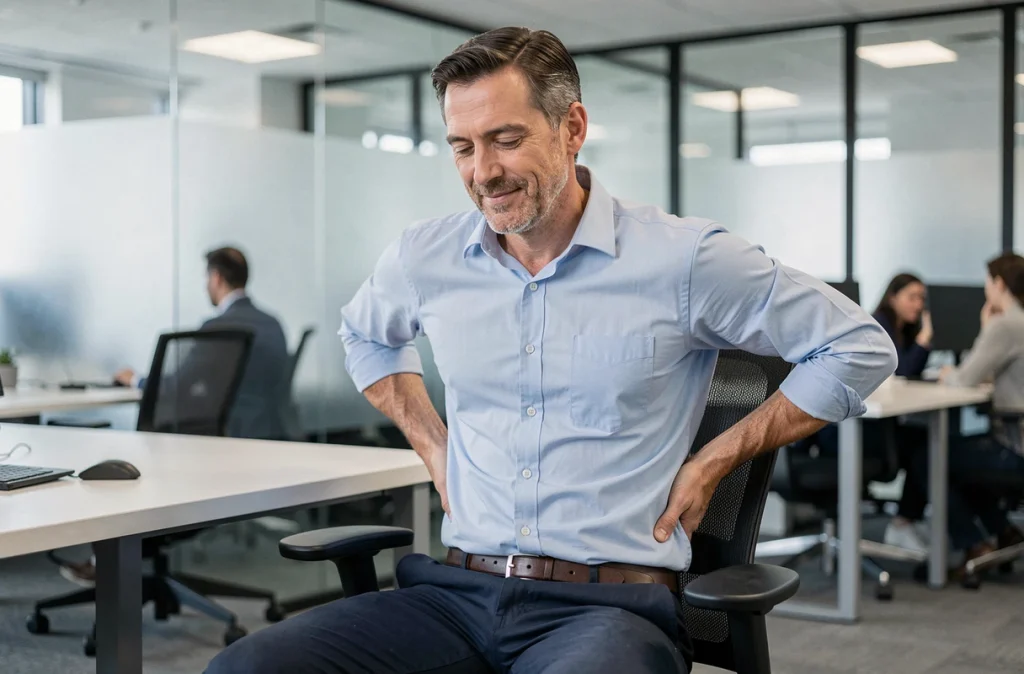 Homme au bureau soulagant une douleur lombaire avec les mains dans le bas du dos en position assise