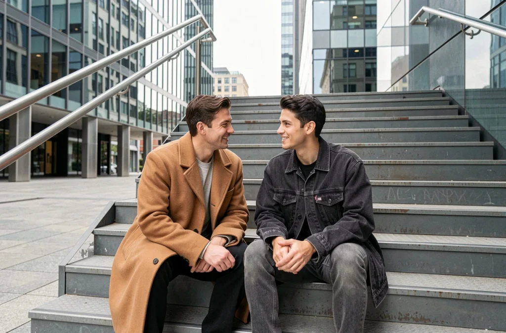 Deux amies portant des vestes oversize camel et denim sur des marches urbaines, tendance mode saison
