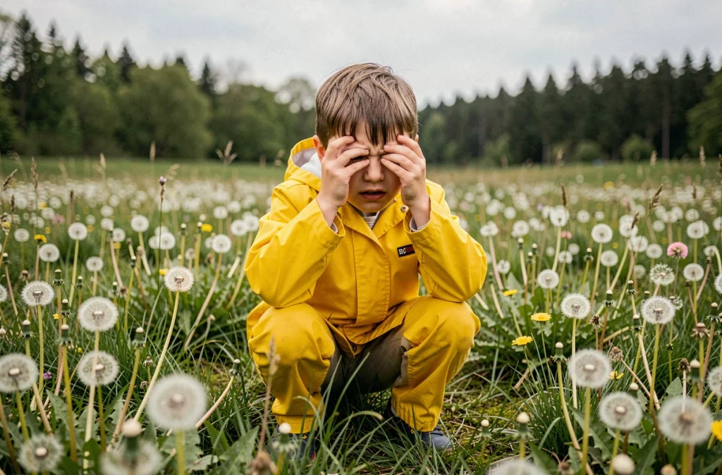 Enfant en manteau jaune se frottant les yeux dans une prairie de pissenlits, allergies printanières en plein air