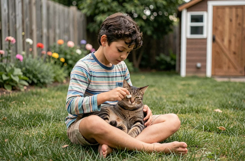 Garçon brossant affectueusement son chat tigré dans un jardin familial, illustration de la responsabilité envers les animaux