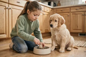 Jeune fille responsabilisant en nourrissant son chien golden retriever dans une cuisine familiale chaleureuse
