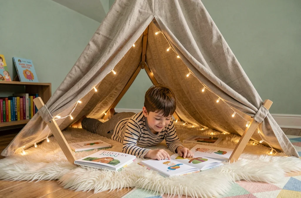 Enfant lisant dans une tente de lecture DIY en lin avec guirlande lumineuse dans une chambre aux murs verts