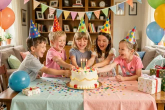 Groupe d'enfants joyeux autour d'un gâteau d'anniversaire décoré lors d'une fête colorée en intérieur