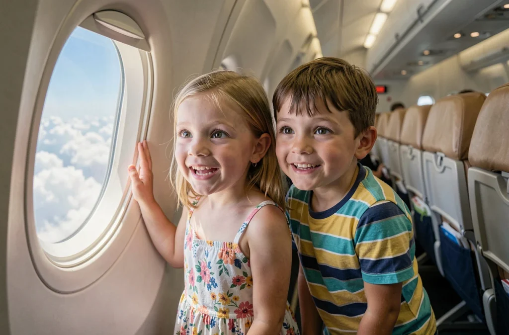 Enfants émerveillés regardant par le hublot d'un avion lors de leur premier voyage à l'étranger en famille