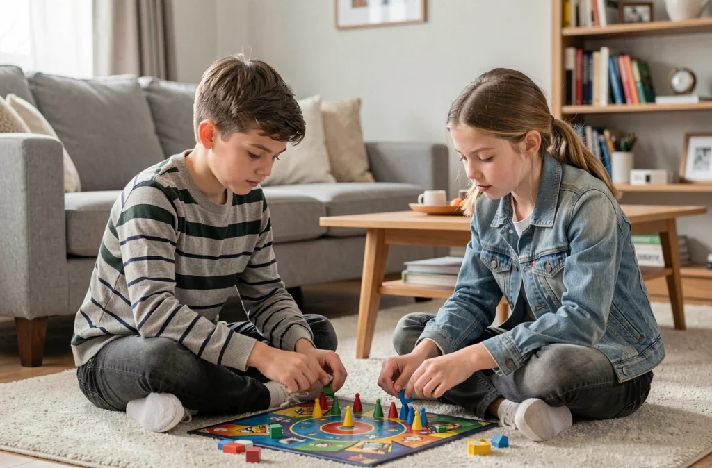 Deux enfants concentrés jouant à un jeu de stratégie sur un tapis de salon un dimanche après-midi