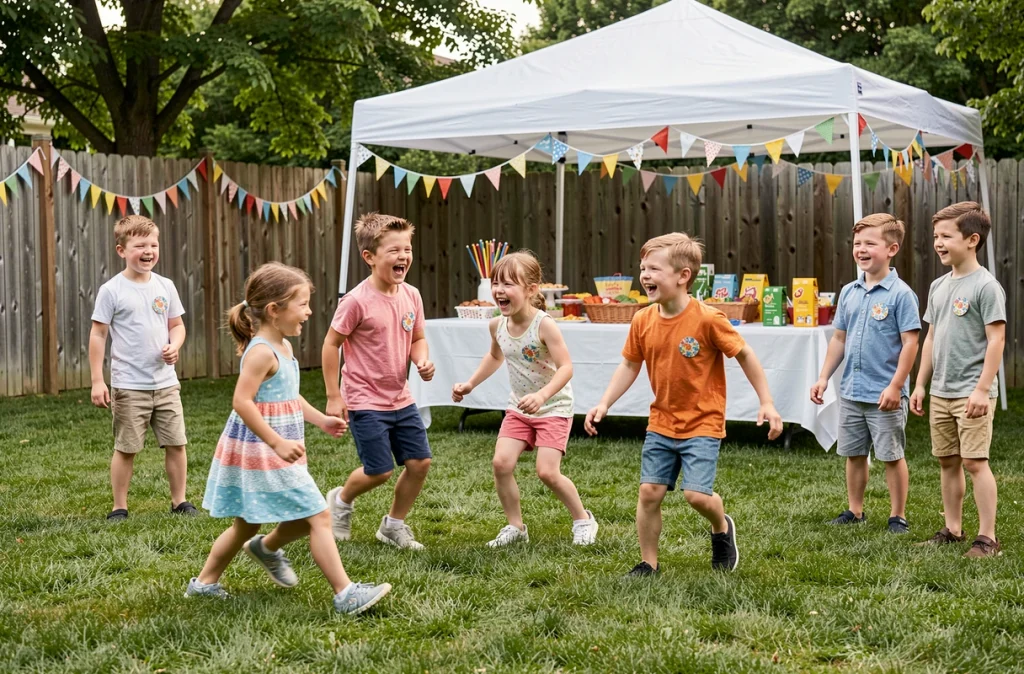 Enfants jouant à des jeux en plein air lors d'une fête d'anniversaire dans un jardin décoré