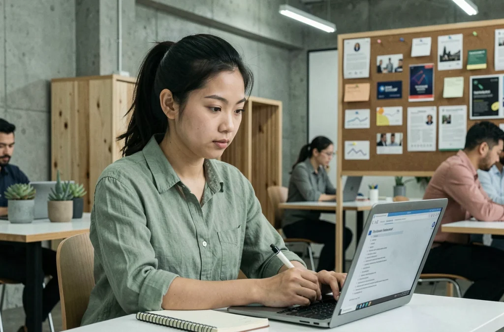 Une jeune entrepreneuse élabore son plan d'affaires dans un espace de coworking après l'obtention d'un microcrédit