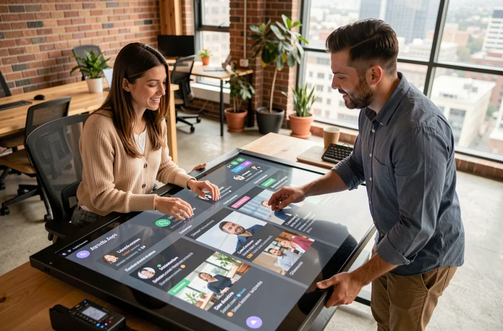 Deux professionnels des médias analysant des données audiovisuelles générées par intelligence artificielle sur une table tactile interactive
