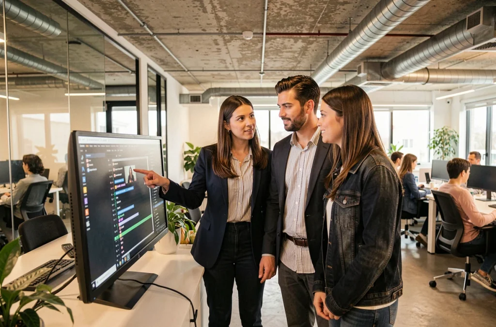 Équipe de postproduction collaborative dans un espace de coworking moderne autour d'un écran de montage