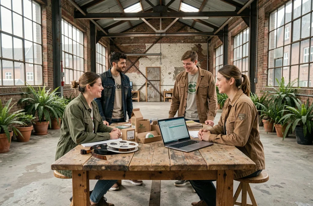 Équipe d'une start-up belge autour d'une table de travail dans un entrepôt converti, planifiant une production cinématographique durable