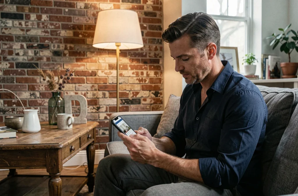 Homme assis dans un salon avec une lampe sur pied mal positionnée illustrant les erreurs courantes de décoration