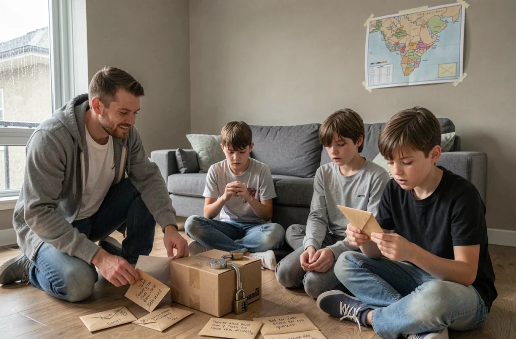 Une famille jouant à un escape game maison avec des cadenas, des enveloppes d'indices et une carte codée épinglée au mur