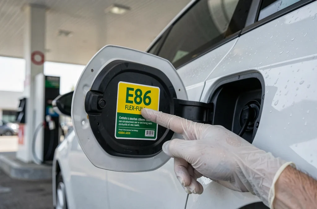 Étiquette carburant E85 sur le bouchon de réservoir d'un véhicule flex-fuel moderne dans une station-service