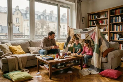 Famille réunie dans un salon chaleureux un dimanche pluvieux, entourée de jeux, activités créatives et une cabane en couvertures