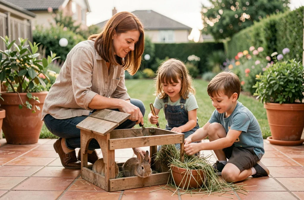 Mère et enfants nettoyant ensemble la cage de leur lapin sur la terrasse, symbolisant la responsabilité partagée envers l'animal de compagnie