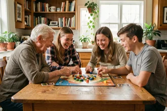 Famille multigénérationnelle jouant à un jeu de société autour d'une table en bois dans une salle à manger chaleureuse