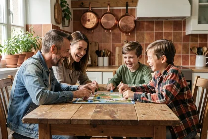 Famille jouant à un jeu de société sans écrans autour d'une table en bois dans une cuisine chaleureuse