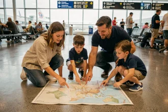 Famille avec enfants qui planifient leur voyage à l'étranger autour d'une carte dans un aéroport international