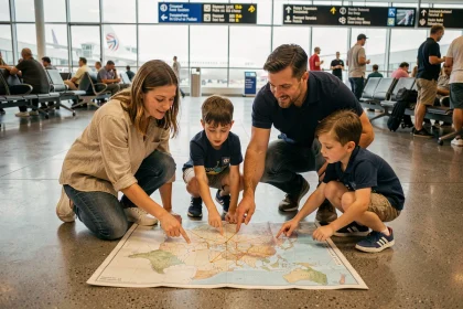 Famille avec enfants qui planifient leur voyage à l'étranger autour d'une carte dans un aéroport international