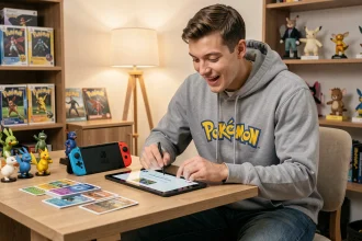 Fan de Pokémon Écarlate et Violet enthousiaste devant une annonce de l'extension EV10.5 sur tablette