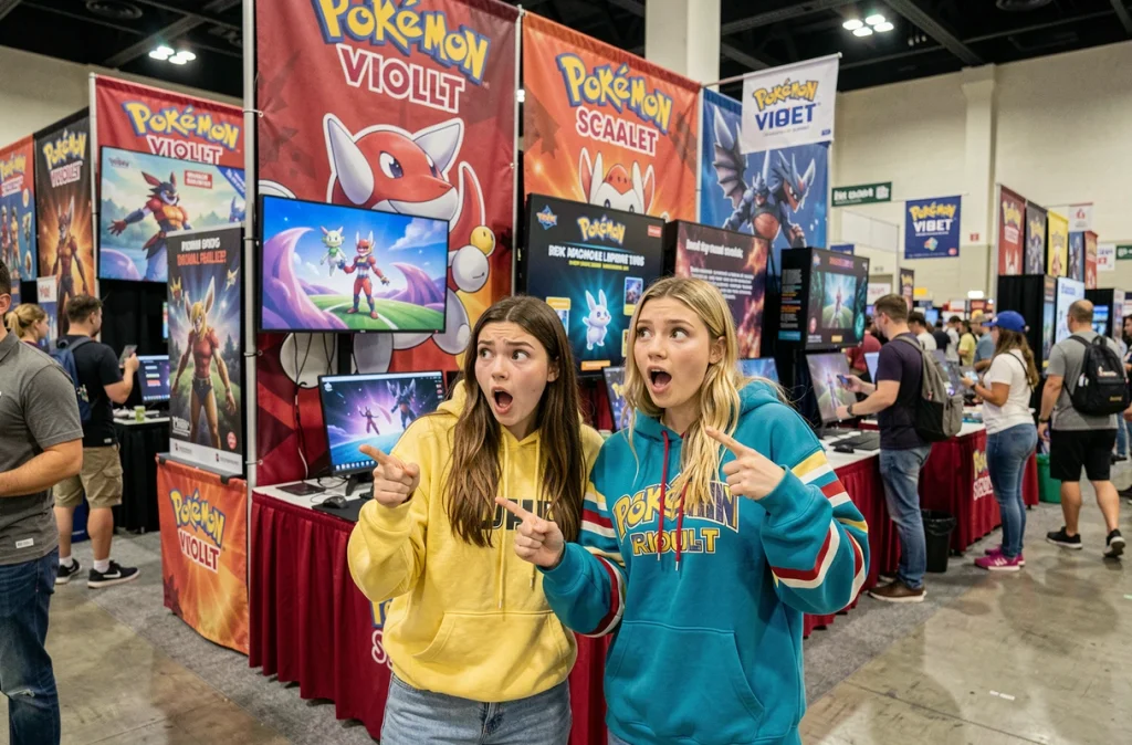 Fans réagissant aux révélations de Pokémon EV10.5 lors d'une convention de jeux vidéo