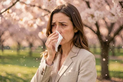 Femme souffrant d'allergie au pollen dans un parc fleuri au printemps, yeux rouges et mouchoir à la main