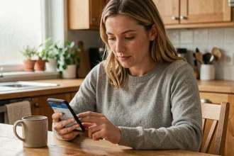 Femme consultant une application de gestion de budget familial sur son smartphone dans une cuisine moderne