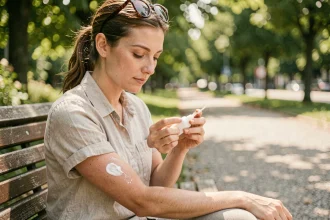 Femme appliquant de la crème solaire sur son bras dans un parc en été, protection peau UV