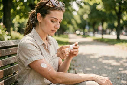 Femme appliquant de la crème solaire sur son bras dans un parc en été, protection peau UV