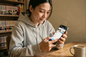 Jeune femme utilisant une application de suivi de scans manga sur smartphone dans une chambre cosy avec étagères de mangas