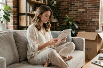 Femme consultant son contrat d'assurance habitation sur une tablette dans un salon moderne avec cartons de déménagement