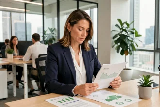 Femme cadre analysant des documents de placements responsables et durables dans un bureau moderne