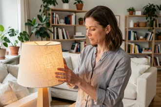 Femme examinant une lampe d'ambiance à abat-jour en tissu dans un salon de style scandinave