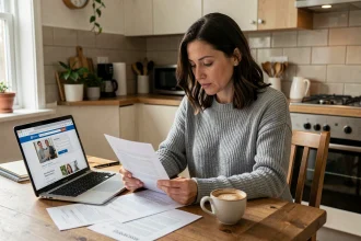 Femme comparant des offres d'assurance auto sur ordinateur portable à la maison